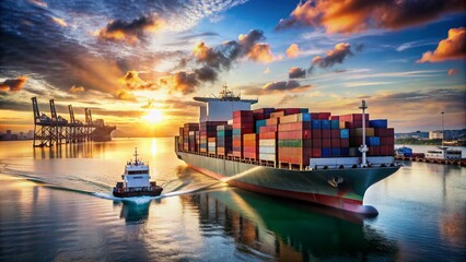 Cargo freighter ship navigates through calm waters, carrying stacked containers, as a fleet of trucks wait at the dock, ready to transport goods to destinations worldwide.