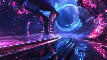 Fototapete - A futuristic city with glowing metal and glass structures, illuminated by bright lights. A large sphere in the distance emits a soft glow