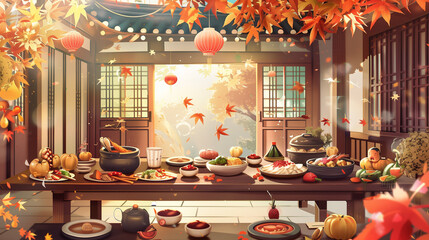 Wall Mural - Chuseok background banner, illustration of traditional hanok house scene with lantern decoration and autumn ornaments, Ai Generated Images