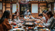 © mohammad - Chuseok Festival families gather around a table full of traditional Korean dishes such as songpyeon and bulgogi, Ai generated Images
