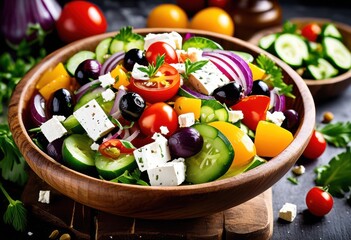 Wall Mural - colorful greek salad wooden bowl fresh ingredients feta healthy food concept, vibrant, cheese, tomato, cucumber, olives, lettuce, onion, bell, pepper, olive