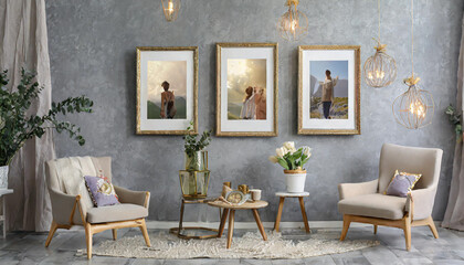 Wall Mural - different size framed photos hanging on the gray wall.