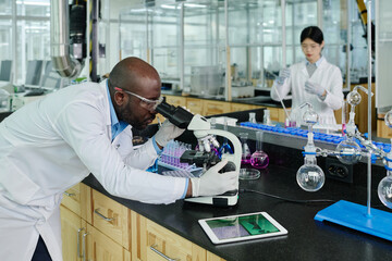 Aufkleber - Side view of young scientist or virologist bending over microscope and researching new virus while working by table with glassware
