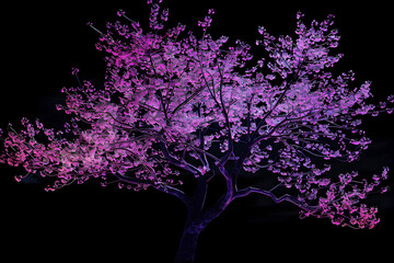 Wall Mural - Pink purple neon cherry blossom tree isolated on black background.