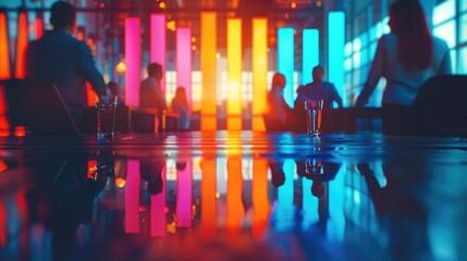 Poster - People meeting, planning, charts, bar charts, a small amount of magenta and soft bright blue light, bright colors. Generative AI.
