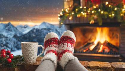 Feet in woollen socks by the Christmas fireplace. Woman relaxes by warm fire with a cup of hot drink and warming up her feet in woollen socks. Close up on feet. Winter and Christmas holidays concept.