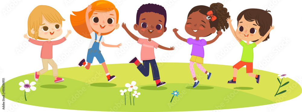 Multiracial school kids. Boys and girls are playing together happily ...