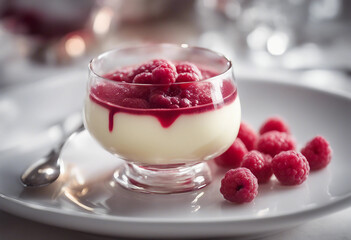 Wall Mural - luxurious panna cotta with a raspberry coulis in a crystal dish