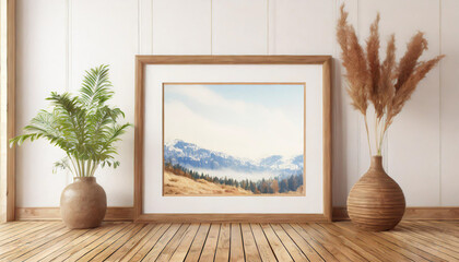 Wall Mural - Horizontall wood frame mock up. Wooden frame poster on wooden floor with white wall. Landscape frame