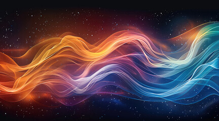 Poster - Music cover dance party poster design with vibrant rainbow, orange blue teal white psychedelic gradient color wave. Retro Colors. Generative AI.