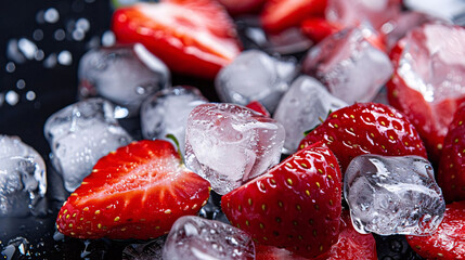 Wall Mural - Fresh Strawberries with Ice Cubes in Close-up View