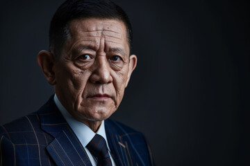 Wall Mural - Close-up portrait of a middle aged man of Asian descent, studio photo, against a sleek gray studio backdrop