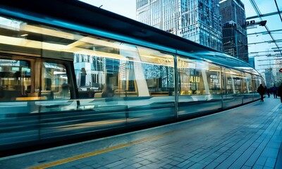 Wall Mural - A train is on a track in front of a city