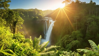 Waterfall in beautiful nature with the light of the evening sun generative AI