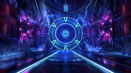 Poster - A futuristic corridor with glowing blue neon lights leading to a large glowing blue portal surrounded by geometric patterns.