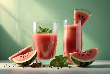 Poster - cold watermelon juice in a glass, isolated on green background