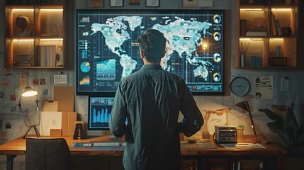 Aufkleber - successful entrepreneur reviewing financial projections on large digital display in modern office
