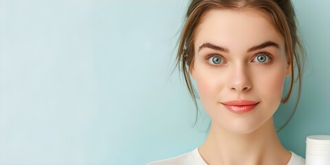 Wall Mural - Beauty products displayed on light blue background with focus on womans face. Concept Beauty Products, Cosmetic Photography, Light Blue Background, Woman's Face, Product Display