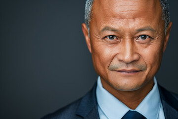 Wall Mural - Close-up portrait of a middle aged man of Asian descent, studio photo, against a sleek gray studio backdrop