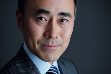 Canvas Print - Close-up portrait of a middle aged man of Asian descent, studio photo, against a sleek gray studio backdrop