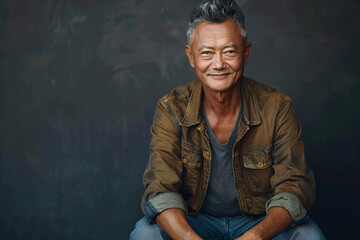 Canvas Print - Portrait of a middle aged man of Asian descent, studio photo, against a sleek gray studio backdrop