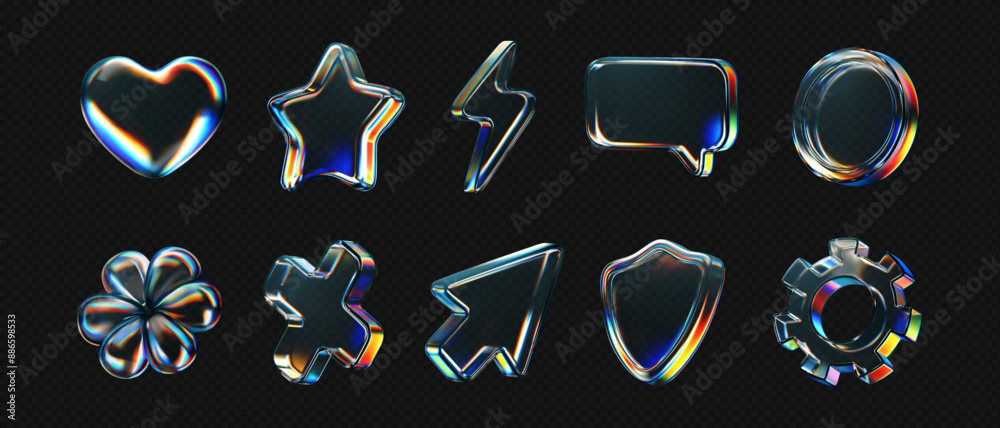 3d glass icon - heart, star, flower, gear, cross, arrow, speech bubble, coin, lightning, protect shield with refraction isolated on dark background. Render transparent glass shape. 3d vector morphism