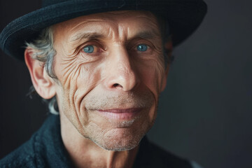 Wall Mural - Close-up portrait of a middle aged man of European descent, studio photo, against a sleek gray studio backdrop