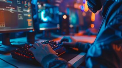 Poster - A gamer sits in front of their computer, their hands focused on the keyboard and mouse as they play an online game. The room is lit with colorful lights, creating a vibrant atmosphere