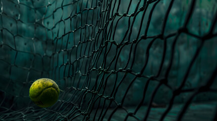 A tennis ball is sitting in a net