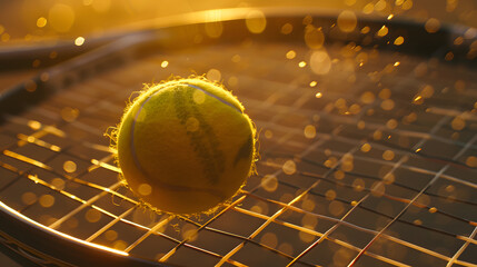 A tennis ball is sitting on a tennis net