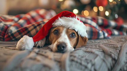 a cute pet in a santa claus hat lies on a soft light plaid at home lifestyle