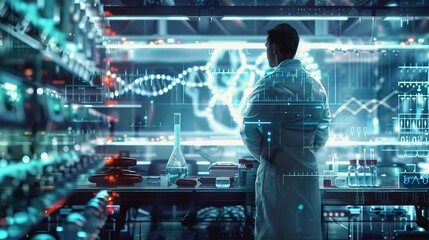 Transhumanist philosophy, A high tech futuristic doctor standing in his lab in coat and advanced equipment in front of him, technology holograms showing the graphs and values of vials etc