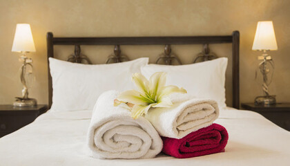 Stack of clean towels with flowers on bed in apartment.