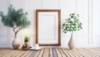 Wall Mural - White rectangular vertical frame hanging on a white wall mockup