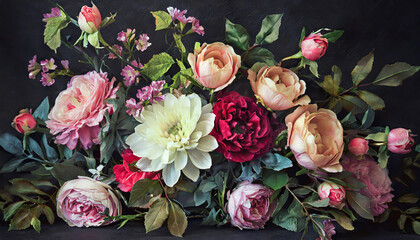 Wall Mural - Vintage bouquet of beautiful flowers on black background.