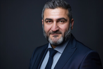 Wall Mural - Close-up portrait of a middle aged man of Middle Eastern descent, studio photo, against a sleek gray studio backdrop