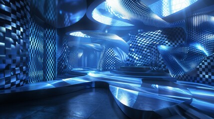 Leinwandbilder - A futuristic room with checkered walls and blue lighting, featuring curved surfaces and reflective floors.