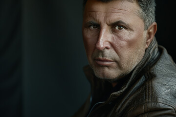 Wall Mural - Close-up portrait of a middle aged man of Middle Eastern descent, studio photo, against a sleek gray studio backdrop