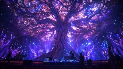 Aufkleber - A large, illuminated tree stage setup with purple and blue lighting. There are several people standing in front of the stage, with their backs to the viewer.