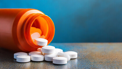 Wall Mural - White pills in orange bottle on blue background close up with copy space