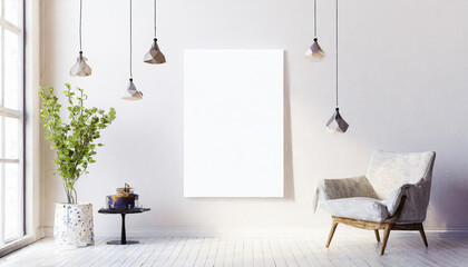 Wall Mural - White poster isolated hanging by strings on wall mockup 3D rendering