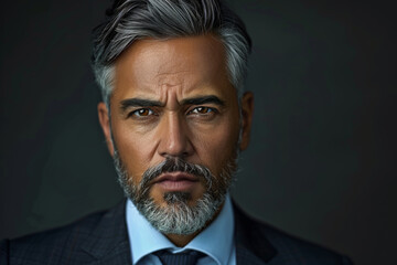 Wall Mural - Close-up portrait of a middle aged man of Middle Eastern descent, studio photo, against a sleek gray studio backdrop