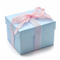 Wall Mural - A delicate gift box with pastel blue wrapping and a pink lace ribbon, isolated on white background