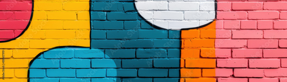 Vibrant abstract mural featuring bold shapes and vivid colors on a ...