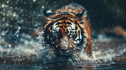 Wall Mural - Tiger walking through water with splashes traveling in nature beauty and grace wildlife adventure?????????????? ??? ????????