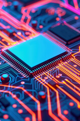 Poster - Close-up of a computer motherboard with glowing circuits and a prominent central processor, showcasing detailed electronic components and vibrant colors.