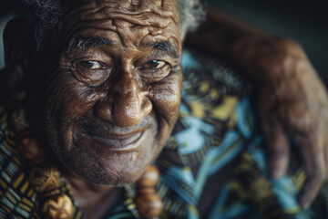 Wall Mural - Close-up portrait of a middle aged man of Pacific Islander descent, studio photo, against a sleek gray studio backdrop