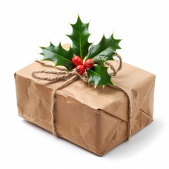 Wall Mural - A rustic-style gift box wrapped in brown kraft paper with twine and a sprig of holly, isolated on white background