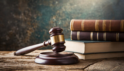 Wall Mural - Wooden gavel and books on wooden table, law concept