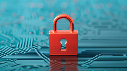 Poster - Close-up of a red padlock on a blue circuit board, symbolizing cybersecurity, data protection, and digital security in a technology-driven world.